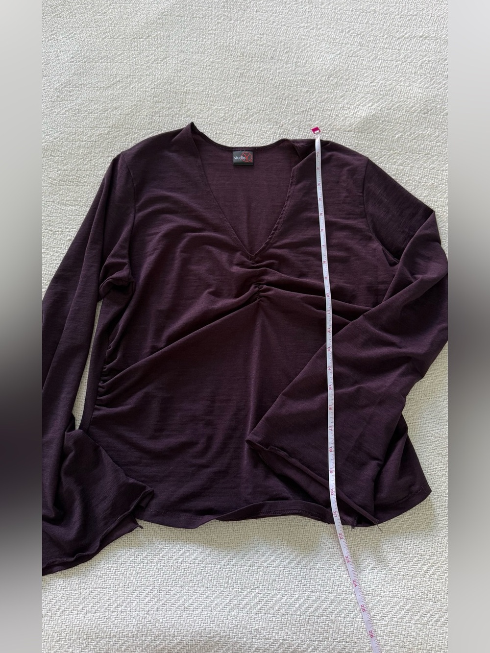 Studio Y Plum V-Neck Long Sleeve Ruched Front Bell Sleeve Top